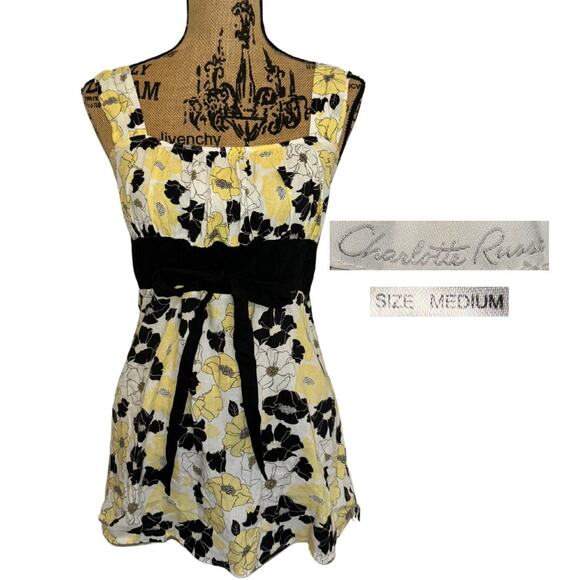 Vintage Charlotte Russe Floral Tie Front Tank Top Yellow Black Size Medium - Picture 1 of 3